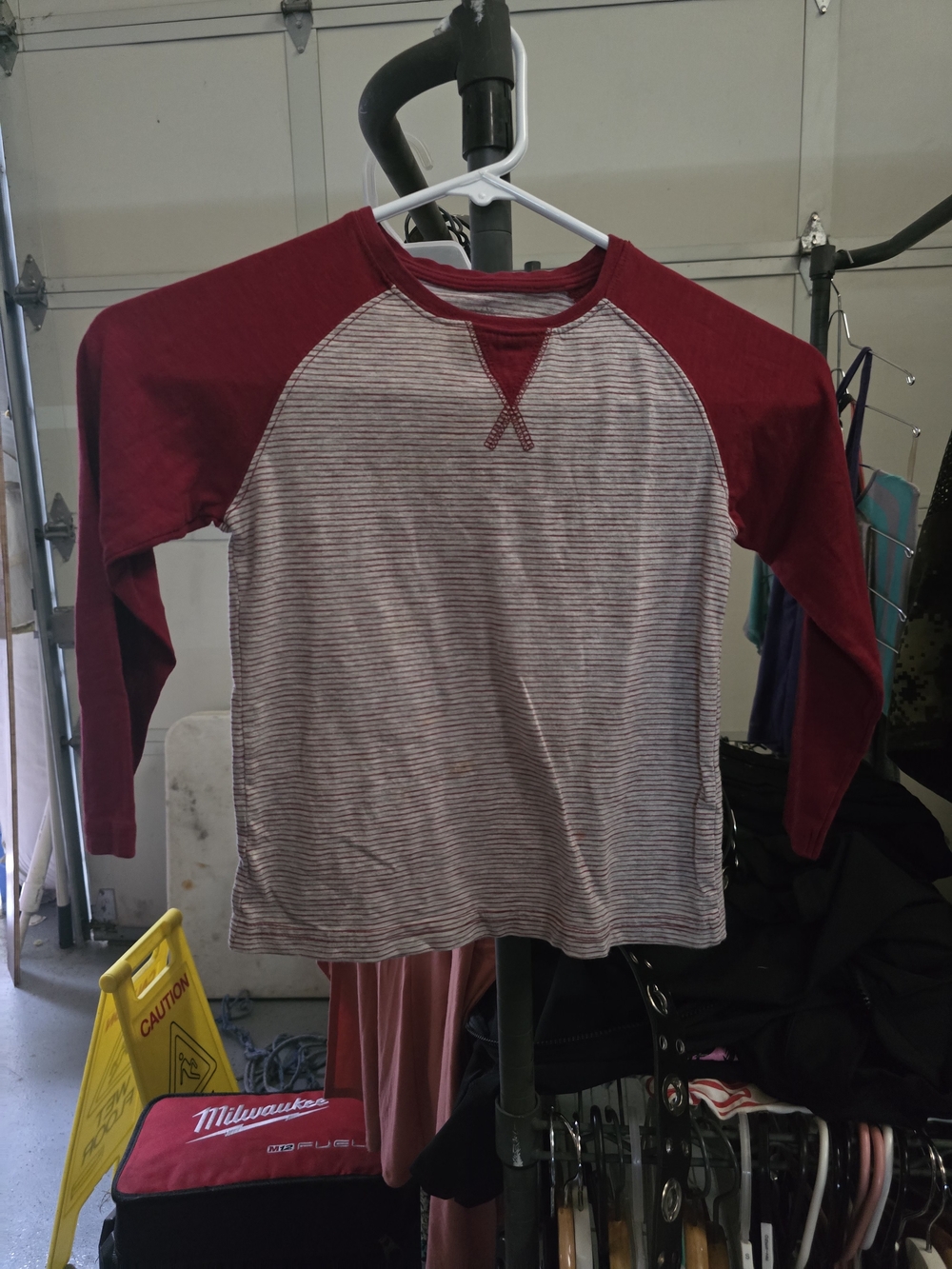 Kids Korner, Long Sleeve Raglan Tee in Burgundy and White Stripes, 5-6.